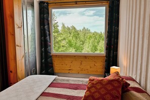 A room with a bed, a window with curtains, and a view of a forest.