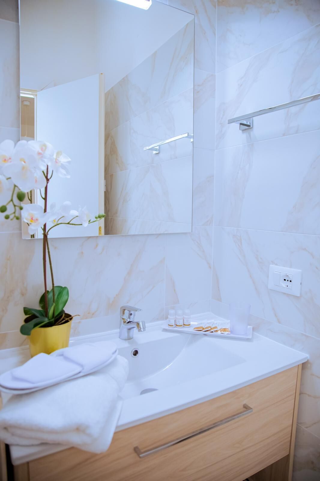 Een badkamer met een witte wastafel, een spiegel, een potorkidee en toiletartikelen op het aanrecht.
