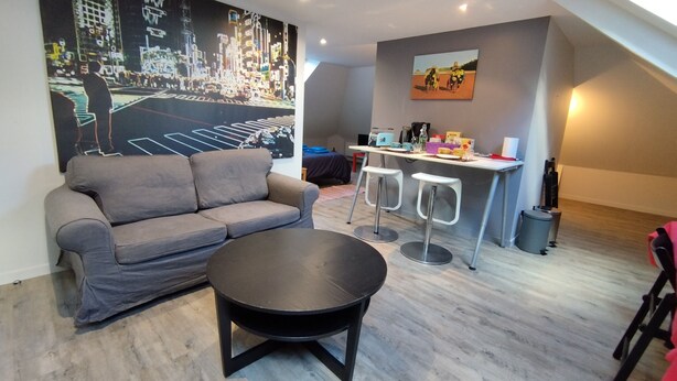 A modern living room with a grey sofa, a round black coffee table, and a cityscape painting on the wall. - Les nichoirs - 60m² room in Vouvray - bathroom and separate toilet (Vouvray)