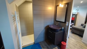 A modern bathroom with a built-in sink, a mirror, and a shower. - Les nichoirs - 60m² room in Vouvray - bathroom and separate toilet (Vouvray)