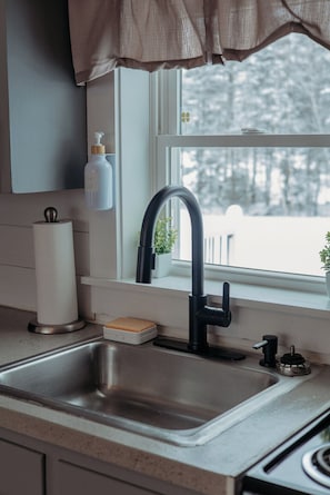 A kitchen with a stainless steel sink, a black faucet, a soap dispenser, and a window with a view of trees. - The Quiet Piper near Piper Pond, Trails, Stone Fireplace + Modern Amenities! (Abbot)