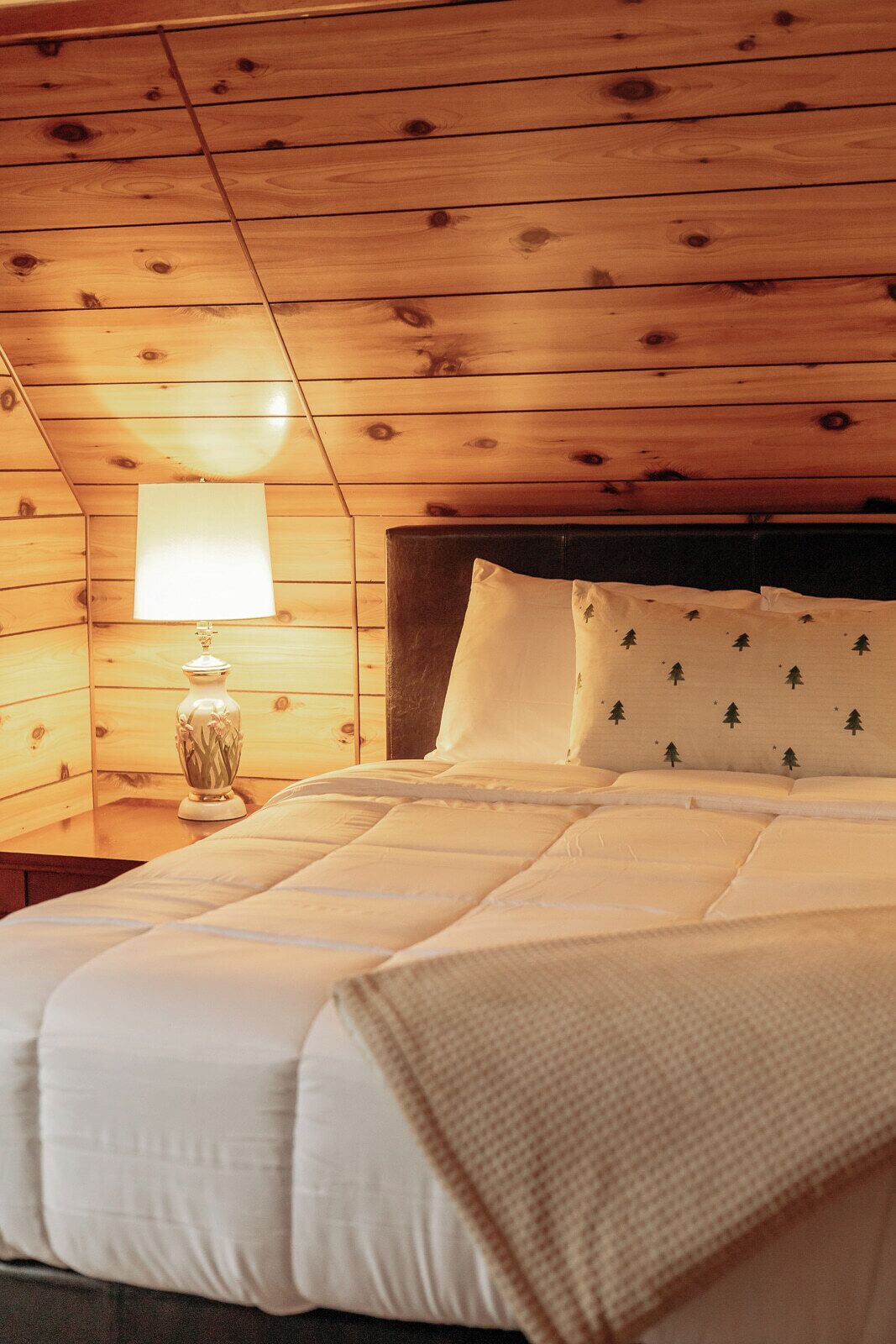 A cozy bedroom with a wooden ceiling, a bed with white bedding, a nightstand with a lamp, and a headboard.