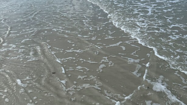 Una playa con olas, edificios al fondo y un cielo despejado.