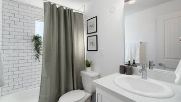 Shower, hair dryer, towels