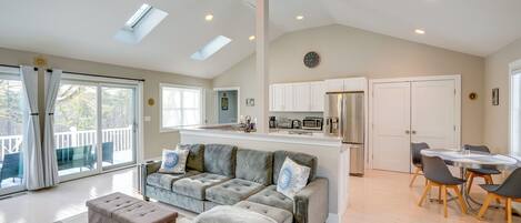 TV, fireplace, books