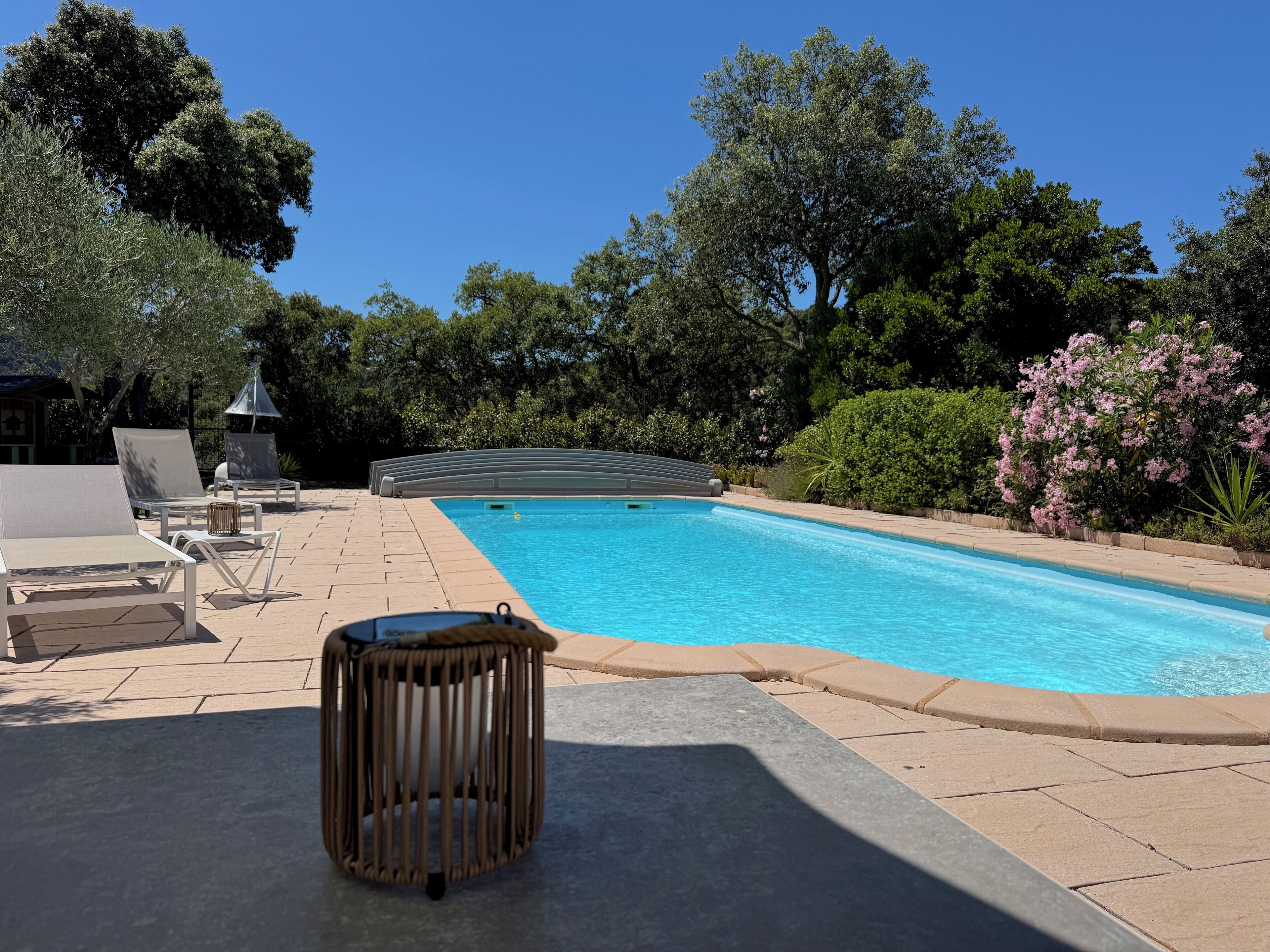 A swimming pool with lounge chairs and a small table, surrounded by greenery and trees.