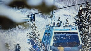 Un teleférico de exterior azul y blanco, rodeado de árboles cubiertos de nieve.