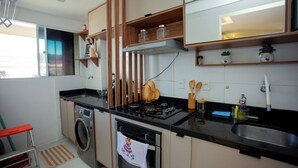 A compact kitchen with a gas stove, oven, washing machine, and a small sink. - Apto com Piscina e Garagem em Barra dos Coqueiros (Barra dos Coqueiros)