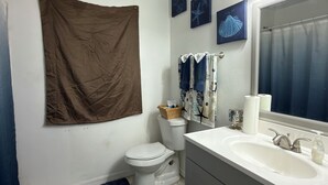 A bathroom with a white toilet, a white sink with a mirror, and a blue towel hanging on the wall. - Affordable private room King bed in Thonotosassa, shared space (Thonotosassa)