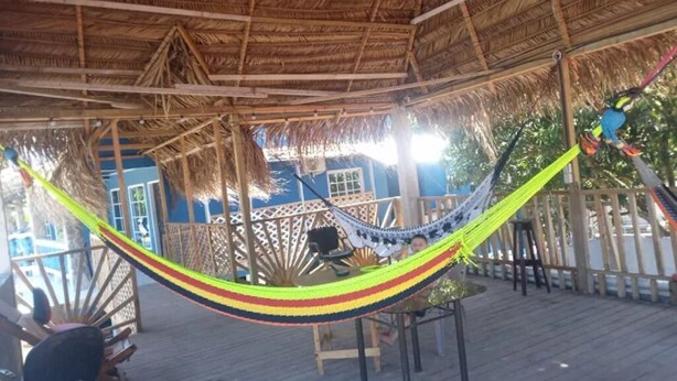 A hammock under a thatched roof structure, wooden deck, and a blue building in the background. - Hotel Rio Maria (La Ceiba)