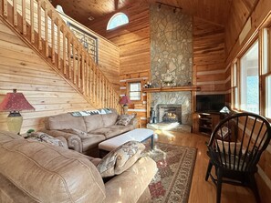 TV, fireplace, books - Mountain Views + Hot Tub + Firepit (Boone)