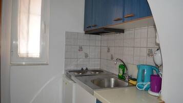 Mini-fridge, cookware/dishes/utensils