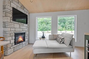 Smart TV, chimenea y libros 