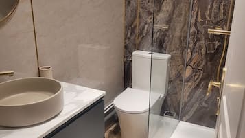 Hair dryer, towels, soap, toilet paper