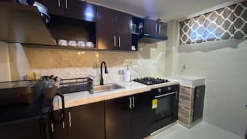Microwave, oven, stovetop, coffee/tea maker
