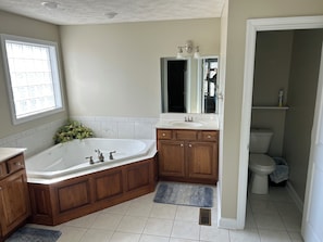 Jetted bath, hair dryer, towels
