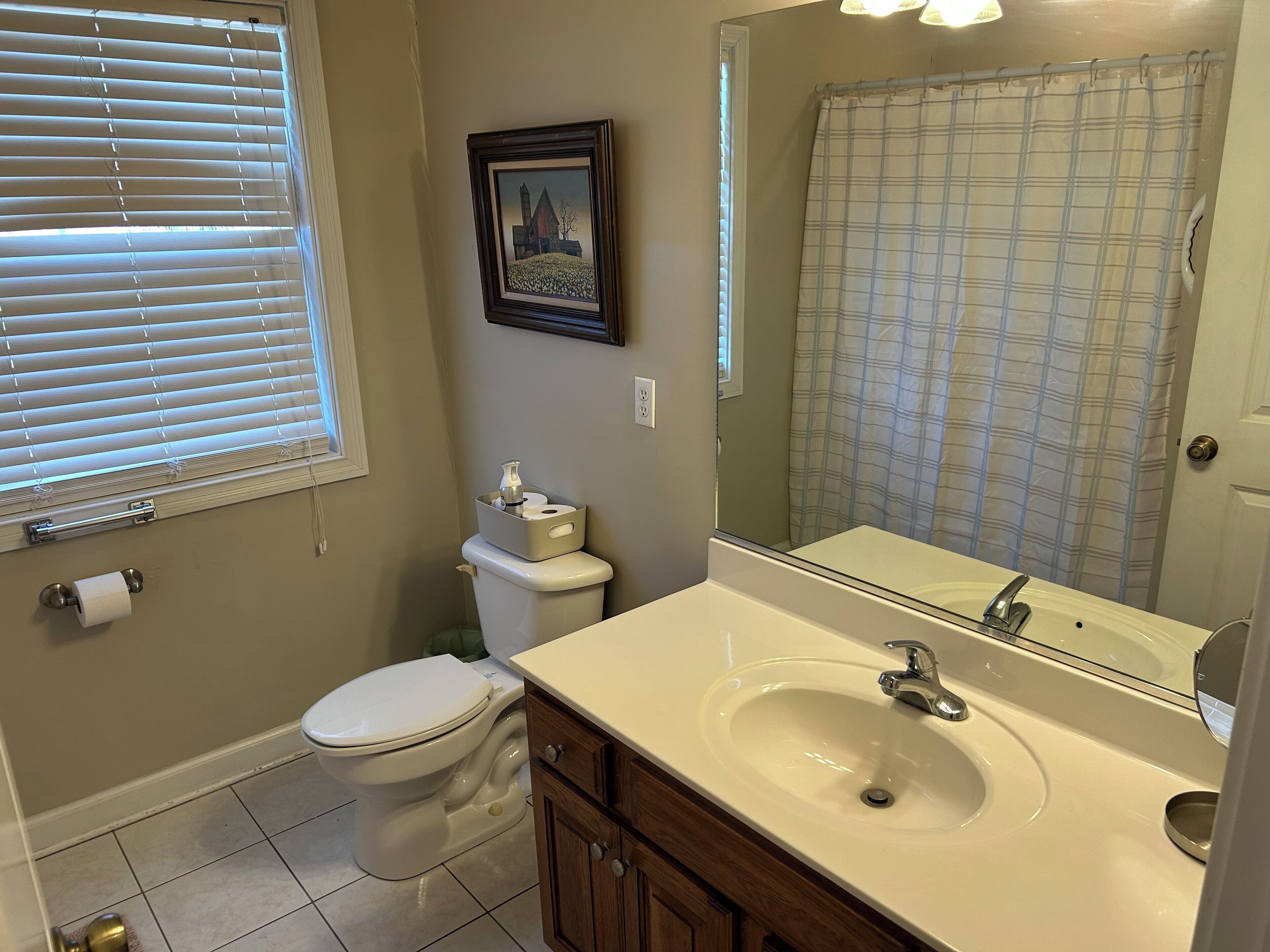A bathroom with a toilet, sink, and mirror.