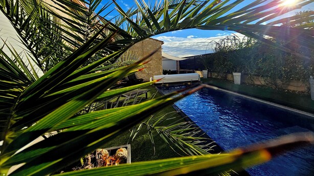 A swimming pool with a stone wall and palm trees in the foreground. - Les Oliviers du Pouget -Superb villa with heated pool & air conditioning (Le Pouget)