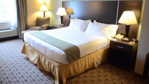 Une chambre d’hôtel avec un grand lit, deux tables de chevet avec des lampes, une chaise, une fenêtre avec des rideaux et une moquette à motifs.