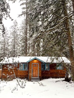 Una cabaña de madera con tejado cubierto de nieve, rodeada de altos árboles de hoja perenne.