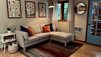 Smart TV, fireplace, DVD player, books