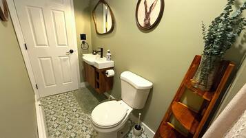 Shower, hair dryer, towels, toilet paper