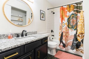 Hair dryer, towels, soap, shampoo