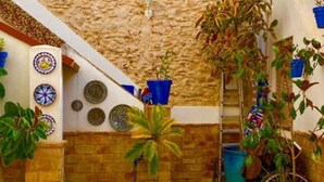 Een binnentuin met betegelde vloer, plantenbakken, een trap en decoratieve muren.