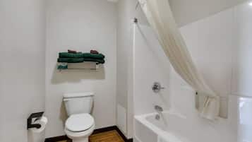 Secador de pelo, toallas, jabón y champú