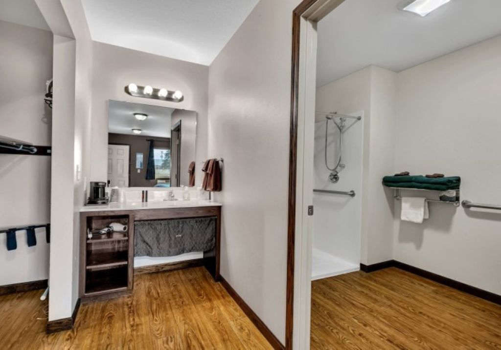 Standard Room, 1 King Bed, Mobility Accessible, Non Smoking | Bathroom | Hair dryer, towels, soap, shampoo