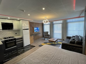 Deluxe-huoneisto, kaupunkinäköala | Pimennysverhot, äänieristys, silitysrauta/-lauta, ilmainen Wi-Fi