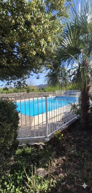 Ein Swimmingpool, umgeben von einem weißen Metallzaun, mit einer Palme und verschiedenen Sträuchern im Vordergrund.