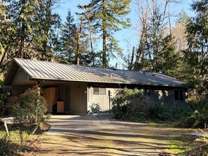 Une cabane de plain-pied, dotée d’un toit en métal, entourée d’une forêt dense.