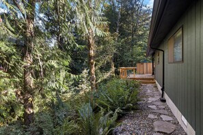 A wooden deck leading to a cabin surrounded by dense forest. - Cozy Cabin: Relax in Hot Tub Overlooking Creek (Rhododendron)