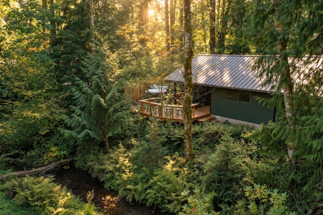 Morning light through the firs, creek below, cabin above — this is Creekside living.