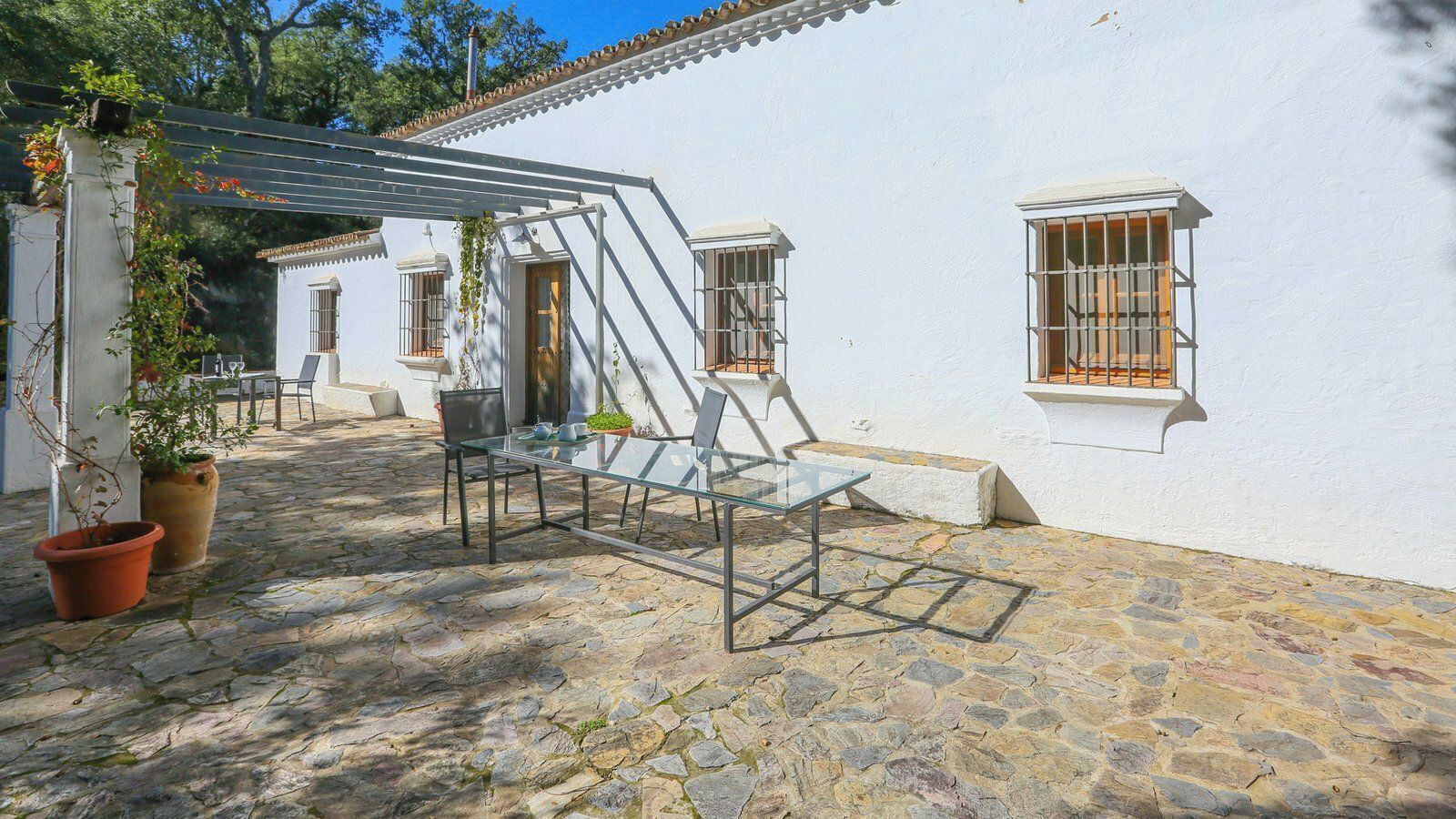 A courtyard with a glass table and chairs, potted plants, and a white building with barred windows.