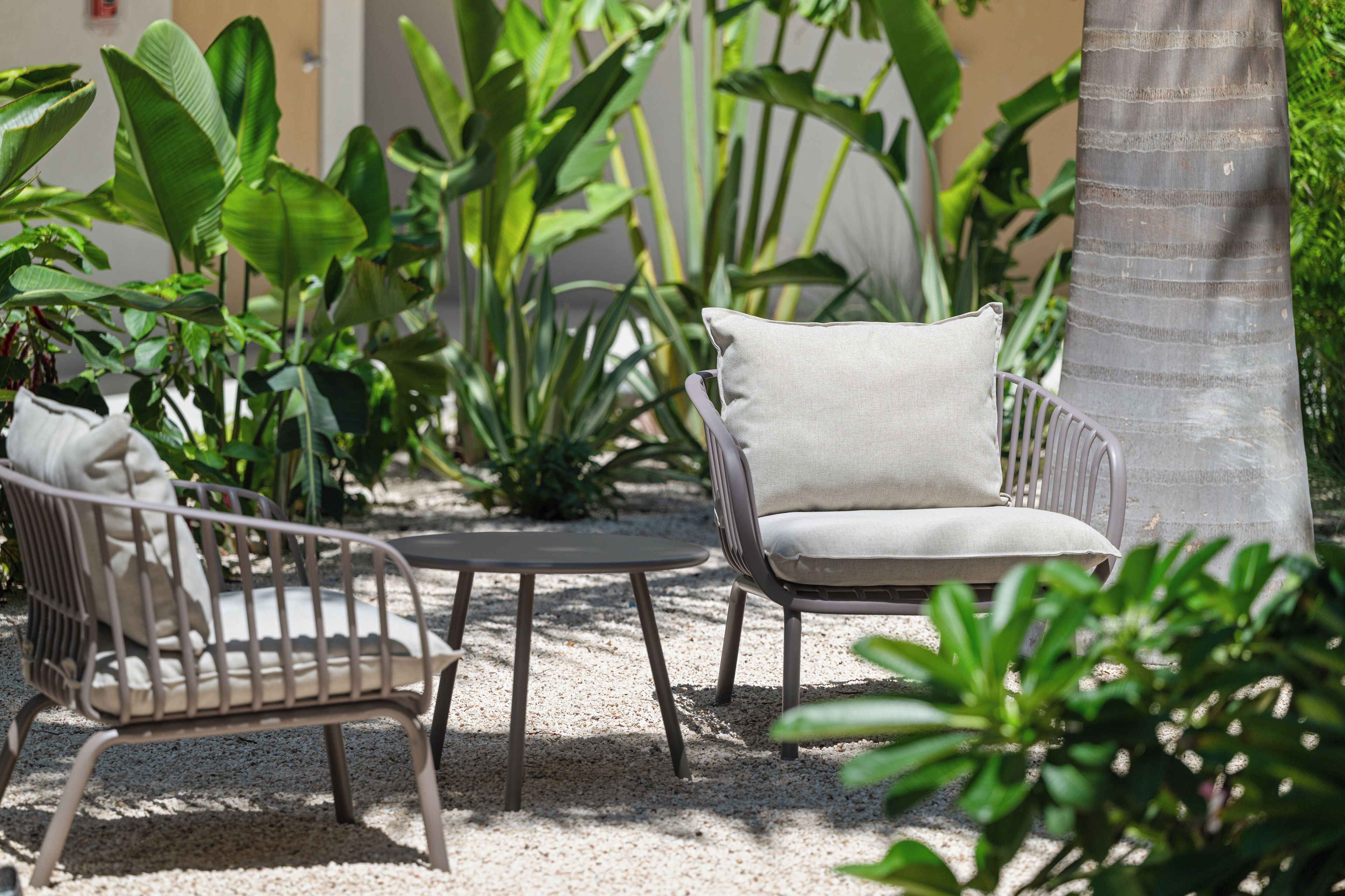 Un área de estar al aire libre con dos sillas y una mesa, rodeada de plantas variadas y una palmera.