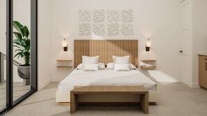 Une chambre à coucher moderne avec un lit, des tables de chevet, des œuvres d’art murales et une plante en pot.
