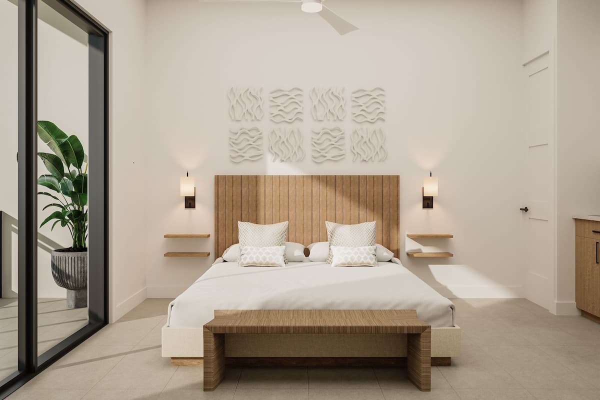 Een moderne slaapkamer met een bed, nachtkastjes, wanddecoratie en een potplant.