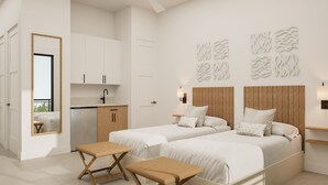 Une chambre moderne avec deux lits, une petite kitchenette, un ventilateur de plafond et un grand miroir.