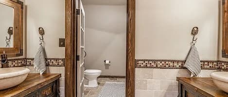 Hair dryer, towels, soap, toilet paper