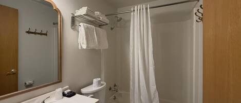 A bathroom with a sink, toilet, shower, and a mirror.