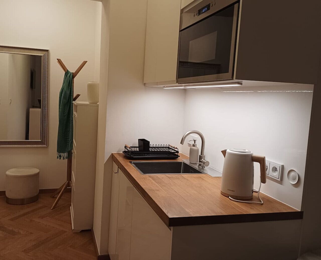 Kühlschrank, Mikrowelle, Herdplatte, Kochgeschirr/Geschirr/Besteck