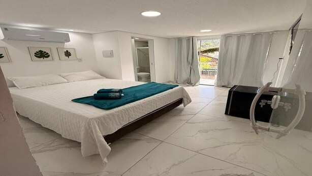A modern hotel room with a large bed, a small desk, and a shower area.