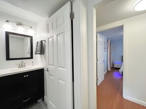 Hair dryer, towels, soap, toilet paper