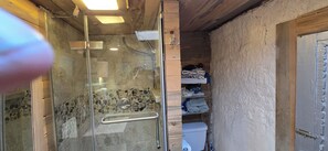 Hair dryer, towels, soap, toilet paper