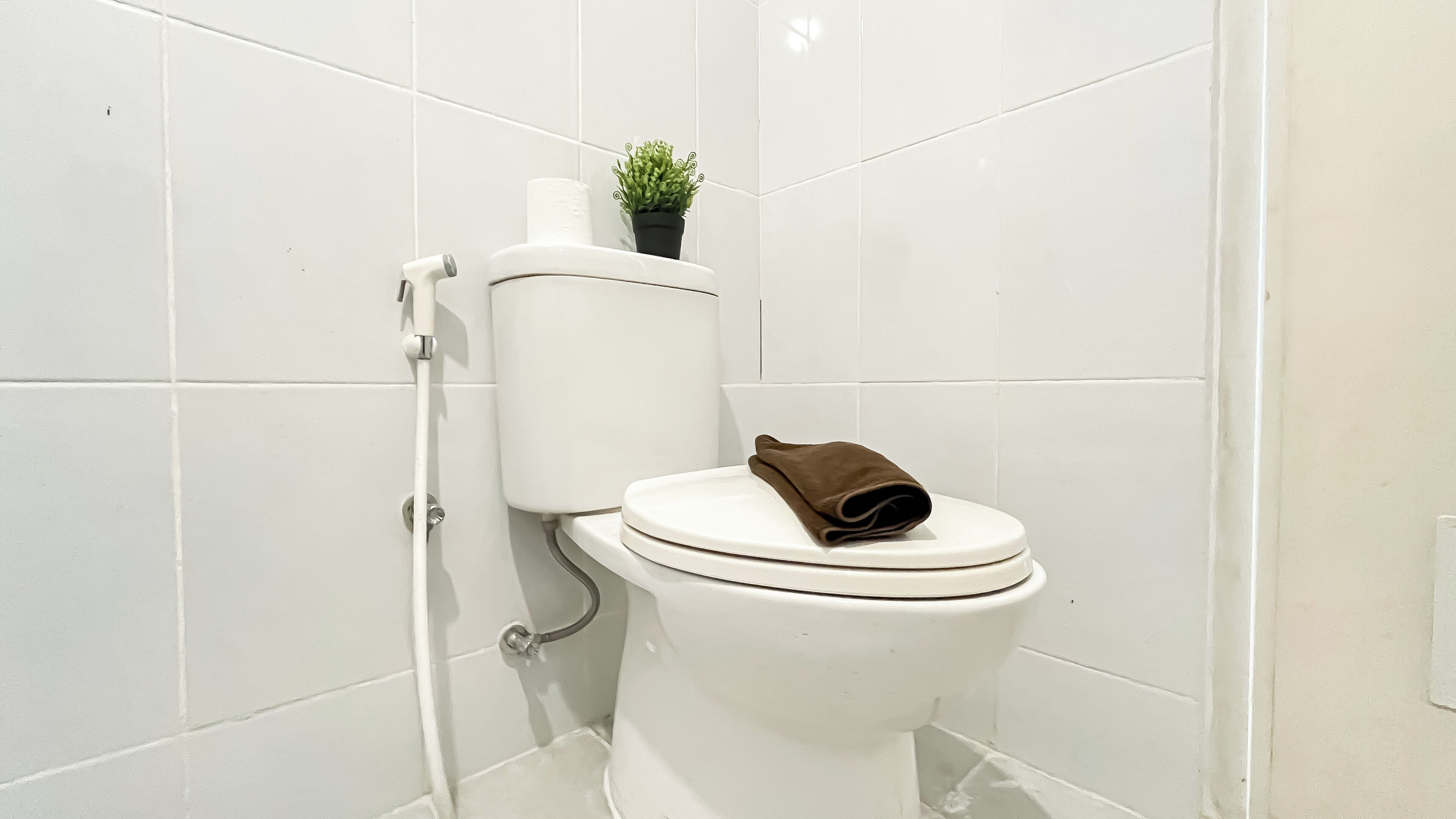 Eine weiße Toilette mit einem braunen Handtuch auf dem Deckel, einer kleinen Topfpflanze auf dem Tank und einer weißen, gefliesten Wand.