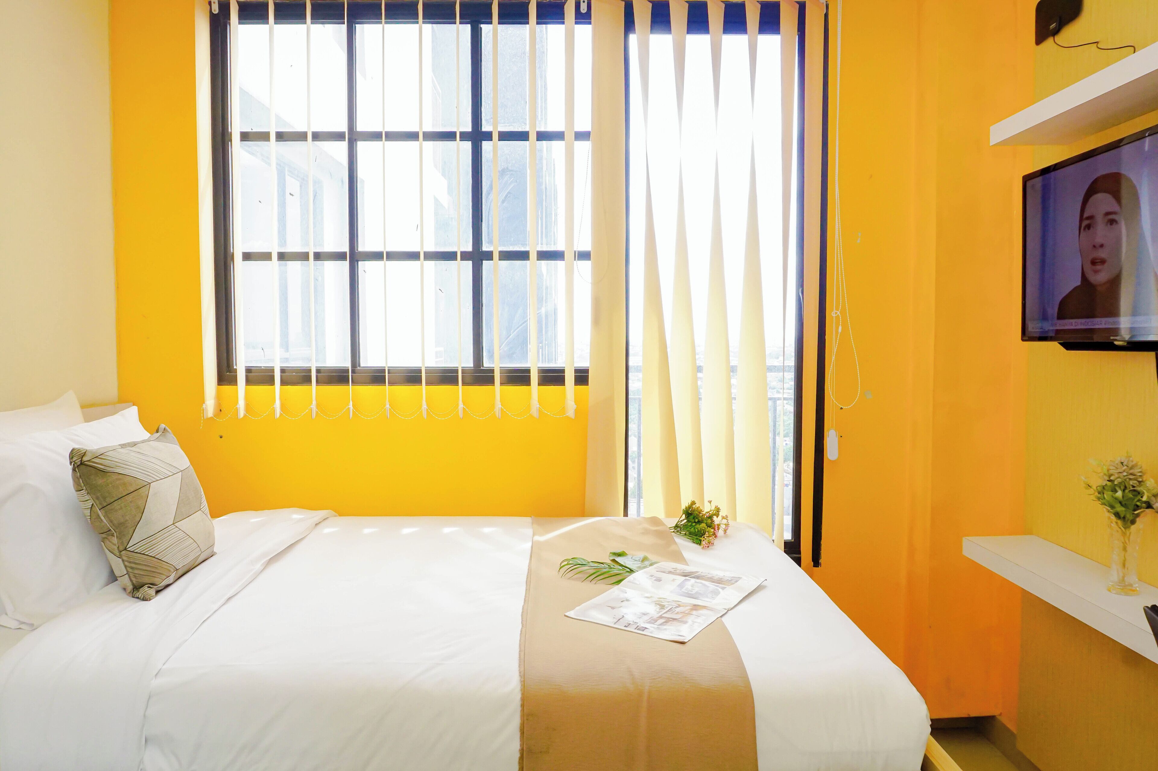 A hotel room with a bed, a window with blinds, a television on the wall, and a small plant on the bedside table.