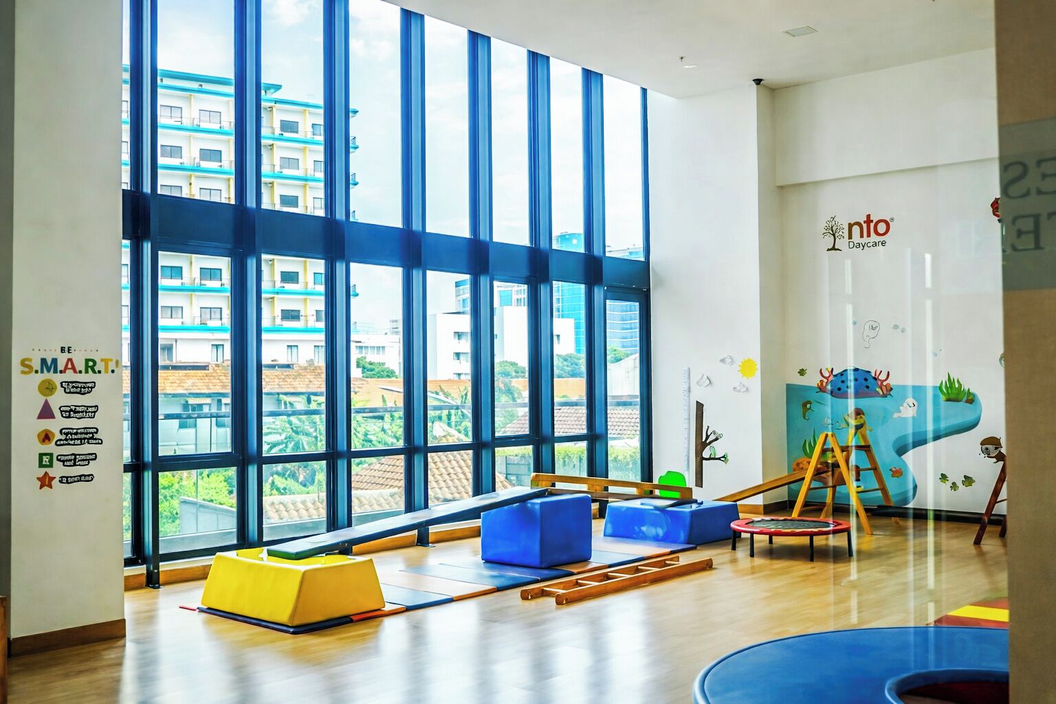 A bright room with large windows, colorful play mats, and a mural on the wall.