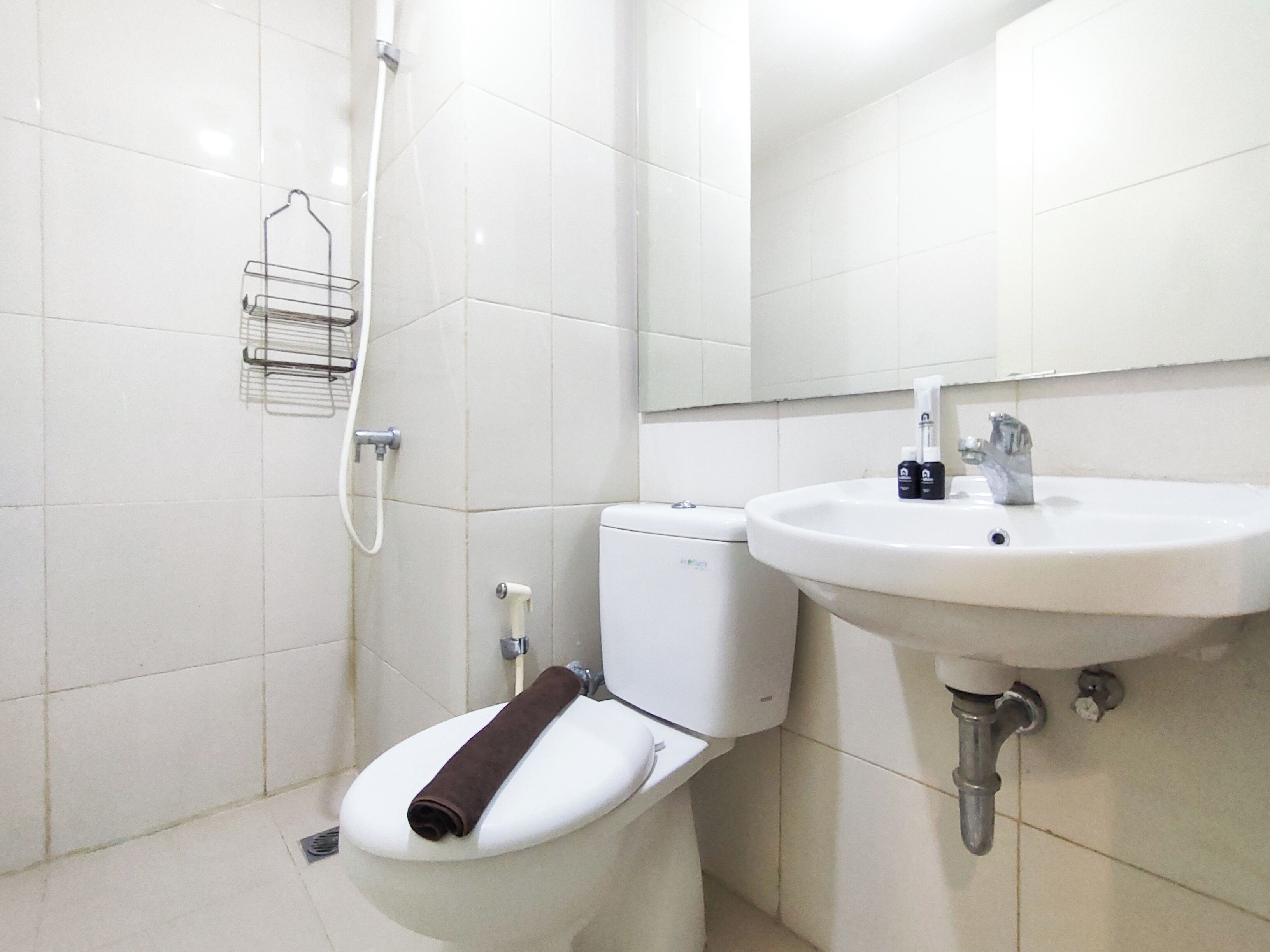 Une salle de bain avec des toilettes, un lavabo et une douche.